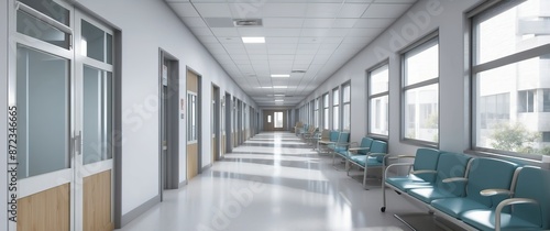 A bright, modern hospital corridor featuring clean lines, windows, and a waiting area with seating, ideal for medical or healthcare related concepts