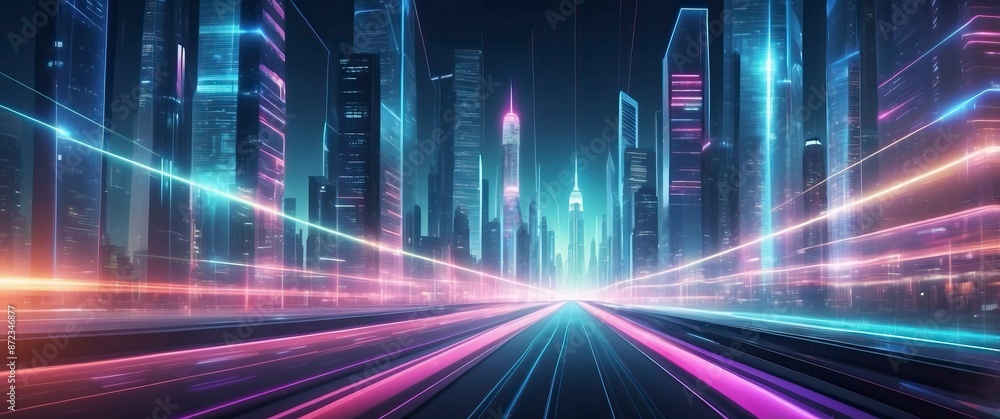 A vibrant, futuristic cityscape at night with neon lights and glowing skyscrapers, depicting a high tech urban environment ideal for sci fi concepts A vibrant, futuristic cityscape at night with neon lights and glowing skyscrapers, depicting a high tech urban environment ideal for sci fi concepts