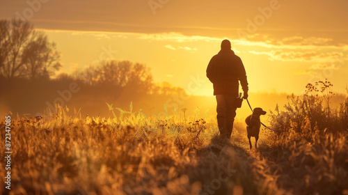 A hunter with his hunting dog walking in a field during the fall at golden hour. A bird dog and his master silhouetted against the sun.
