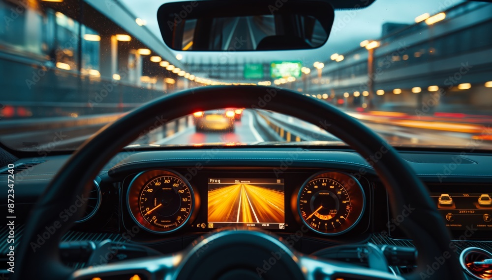 The image provides a driver's view through the windshield of a car on a busy city highway at night, with blurred lights and a vibrant, fast-paced urban environment. The image provides a driver's view through the windshield of a car on a busy city highway at night, with blurred lights and a vibrant, fast-paced urban environment.