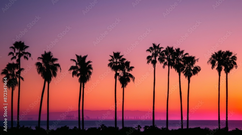 Obraz premium The image displays tall palm trees silhouetted against a vibrant sunset sky, with the ocean in the background, capturing the tranquil beauty of a coastal evening.