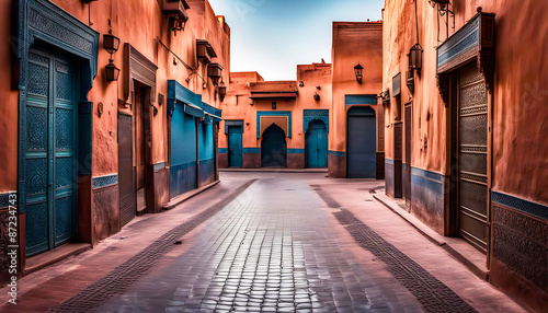 leere Straße einer orientalischen Altstadt mit historischer Architektur aus Orient Asien im warmen Licht der goldenen Stunde, ruhig friedlich einsam verlassen Sonnenstrahlen maurisch Marokko Ägypten  photo