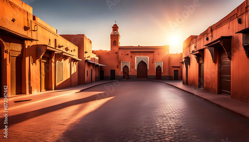 leere Straße einer orientalischen Altstadt mit historischer Architektur aus Orient Asien im warmen Licht der goldenen Stunde, ruhig friedlich einsam verlassen Sonnenstrahlen maurisch Marokko Ägypten  photo