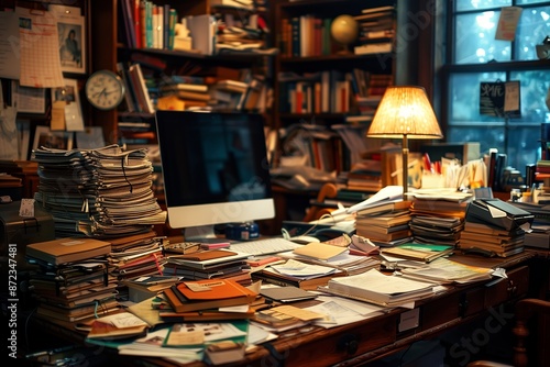 A Cluttered Desk In A Home Office With Stacks Of Books And Papers Under A Lamp
