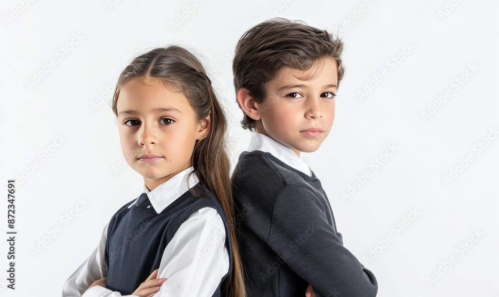 two children in school uniforms standing back to back with arms crossed, girl with pigtails and boy with short hair, white background, studio lighting highlighting features
