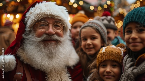 Toddlers take pictures with Santa Claus at the Christmas market with holiday decorations and lights in the background.