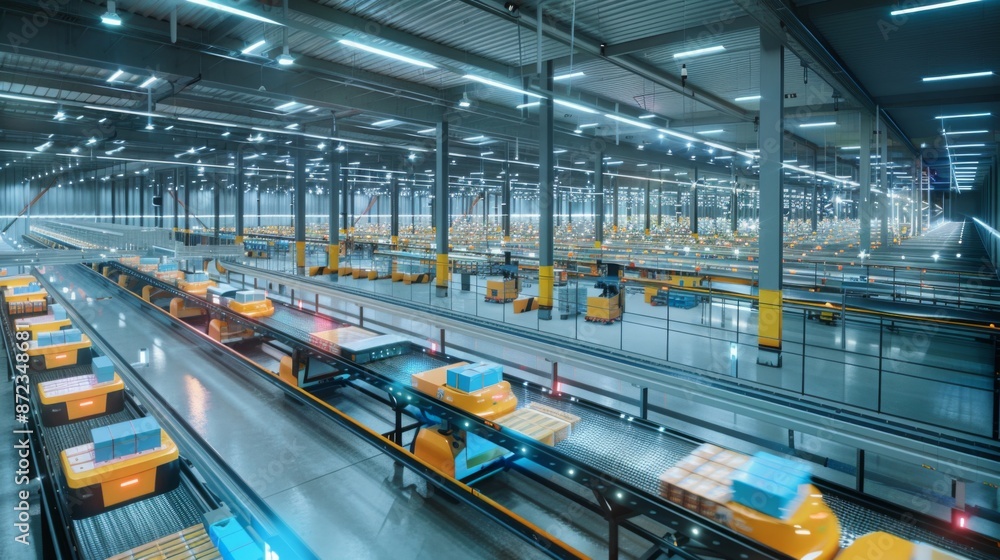 An automated warehouse conveyor system with yellow carts carrying packages along a long track. The system is designed for efficient product movement and storage. An automated warehouse conveyor system with yellow carts carrying packages along a long track. The system is designed for efficient product movement and storage.