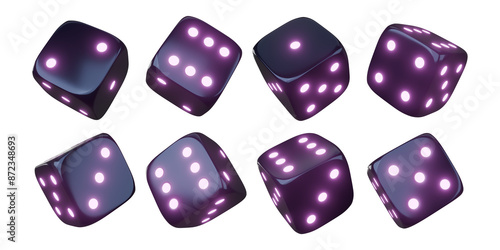 Casino gambling game dice. Iridescent dice with neon colors. Purple dice. 3d render