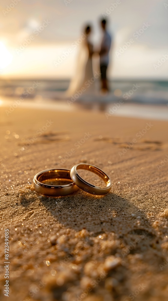 A pair of golden wedding rings placed on top of sand, with the couple in the background A pair of golden wedding rings placed on top of sand, with the couple in the background