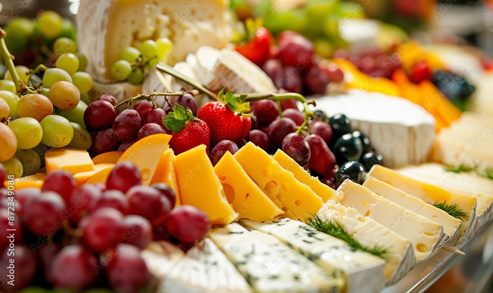 vibrant display of various cheeses and fruits on event table, featuring green grapes, red strawberries, yellow cheddar, blue roquefort, navy jack, visually appealing for guests at weddings or events vibrant display of various cheeses and fruits on event table, featuring green grapes, red strawberries, yellow cheddar, blue roquefort, navy jack, visually appealing for guests at weddings or events