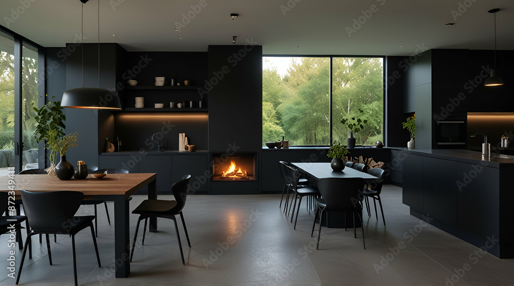 Beautiful open plan matte black kitchen and dining area Beautiful open plan matte black kitchen and dining area