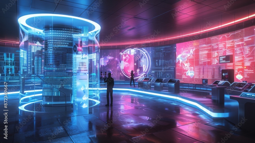 Obraz premium Two figures stand in a futuristic control room, surrounded by glowing digital displays showing data and maps.