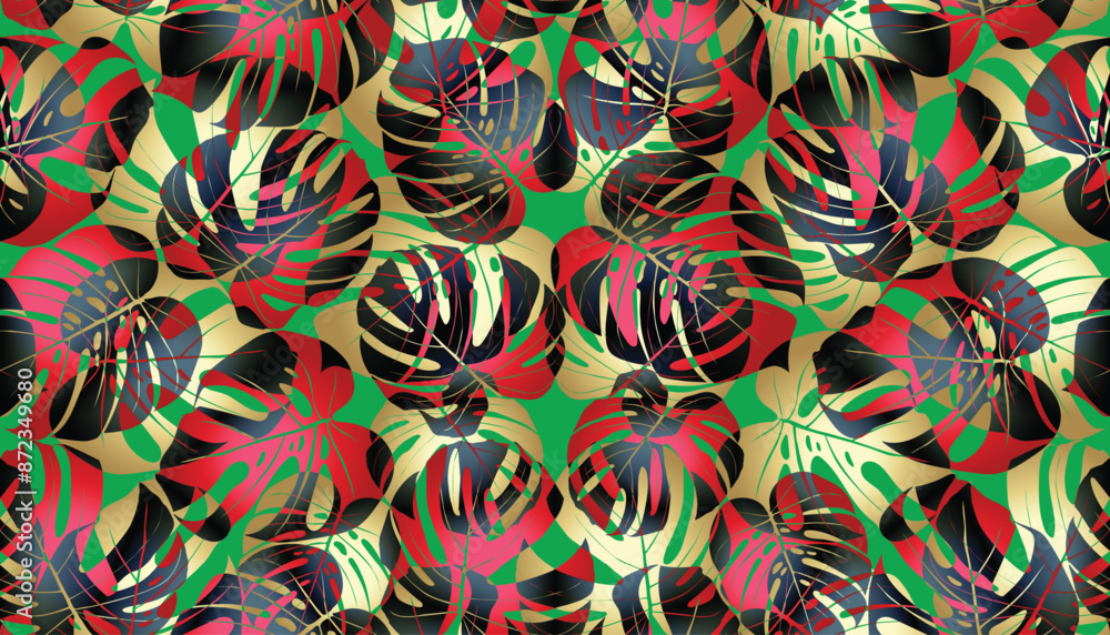 Naklejka premium Monstera palm leaves exotic tropical seamless print. Palm leaves, pink plumeria flower,hibiscus blossom, exotic tropical summer flowers and leaves.