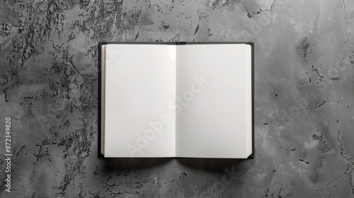 Open notebook with blank pages on grey textured background, top view. Mockup for design