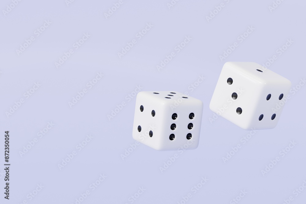 3d Rolling dice icon isolated on purple background. White roll cubes for gamble games concept, casino token concept. 3d dice cube icon. 3d render. 3d Rolling dice icon isolated on purple background. White roll cubes for gamble games concept, casino token concept. 3d dice cube icon. 3d render.