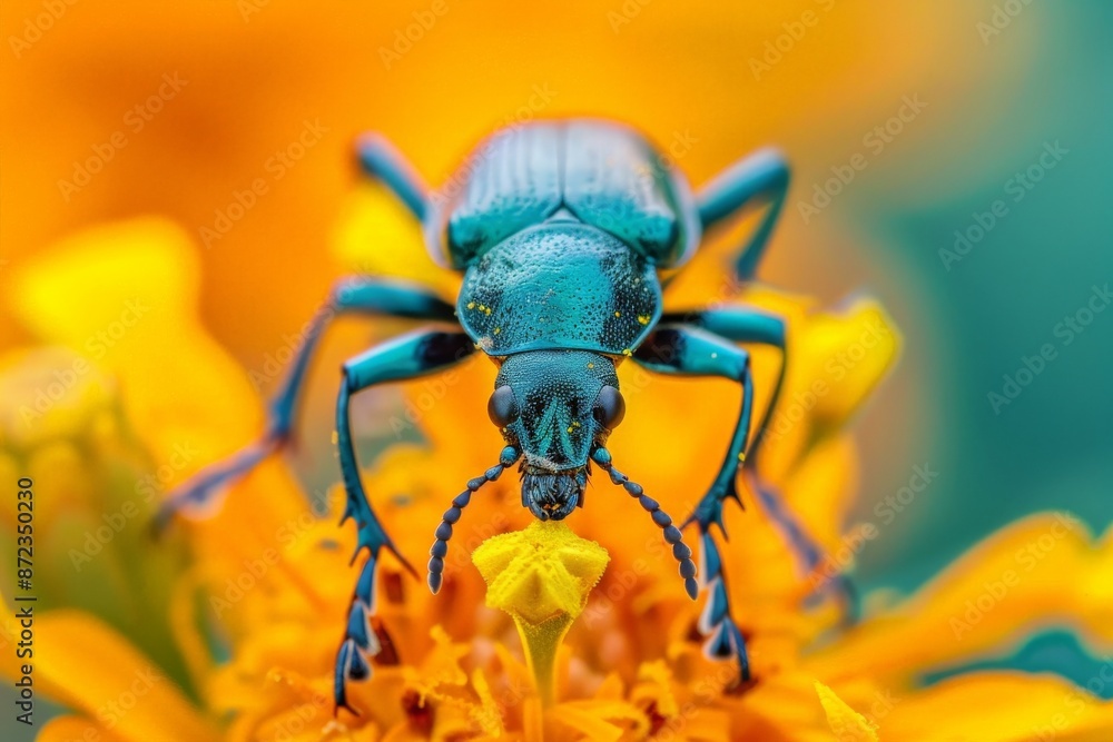 Naklejka premium A vivid close-up of a blue beetle perched on a bright orange marigold flower, capturing the intricate details and vibrant colors of nature, showcasing the harmonious beauty in a natural setting.