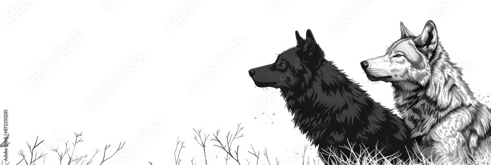 International Wolf Day. Horizontal banner. Silhouettes of wolfs, black outlines, white background. Graphic arts. Free space for text. Wildlife conservation concept. Environmental protection International Wolf Day. Horizontal banner. Silhouettes of wolfs, black outlines, white background. Graphic arts. Free space for text. Wildlife conservation concept. Environmental protection