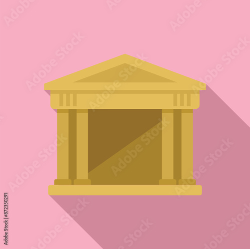 Golden ancient greek building with columns casting a long shadow on a pink background