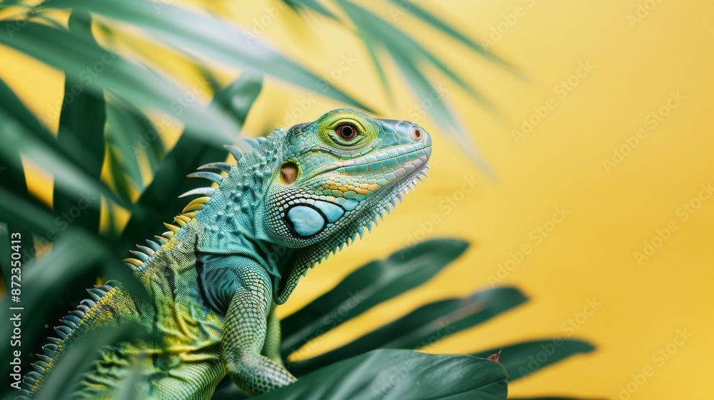 Fototapeta premium World Lizard Day. Green lizard on a yellow background. Horizontal banner, free space for text. Concept of wildlife protection, animal protection. Studying nature's biodiversity