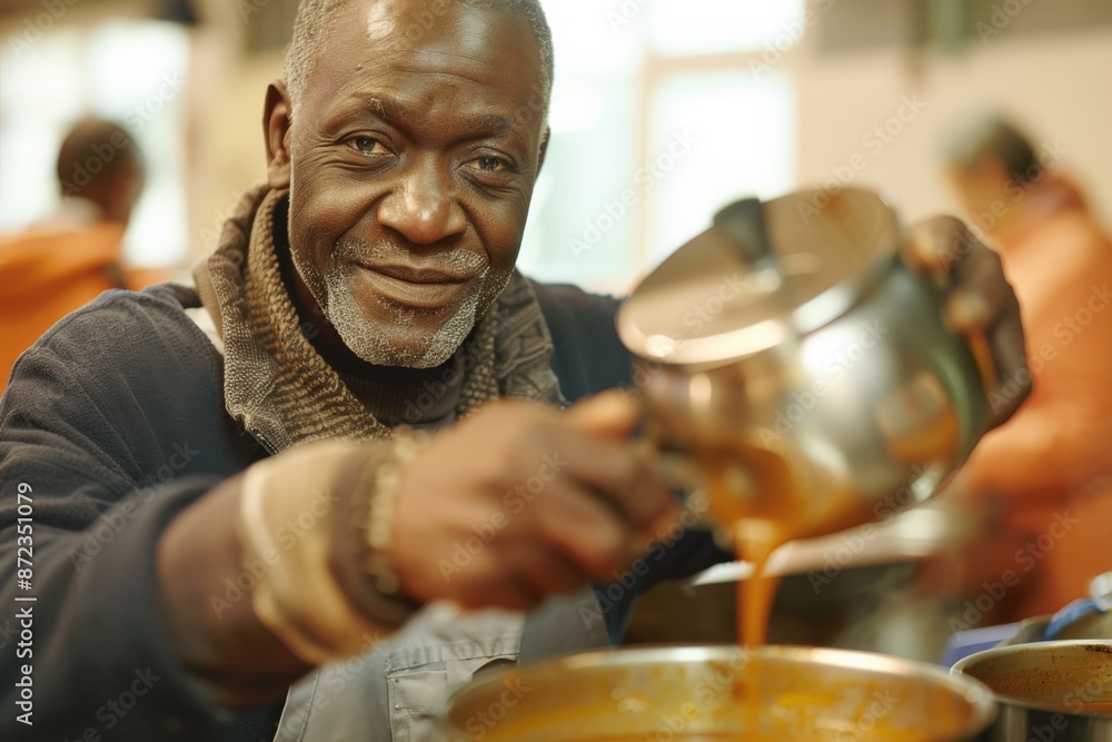 A smiling man masterfully pouring soup from a pot into a bowl in a kitchen environment, showcasing the art of culinary skills and warmth of home-cooked food. A smiling man masterfully pouring soup from a pot into a bowl in a kitchen environment, showcasing the art of culinary skills and warmth of home-cooked food.