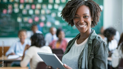 Smiling teacher holding a tablet in a classroom setting filled with attentive students, emphasizing the teacher's commitment to modern and interactive teaching methods. photo