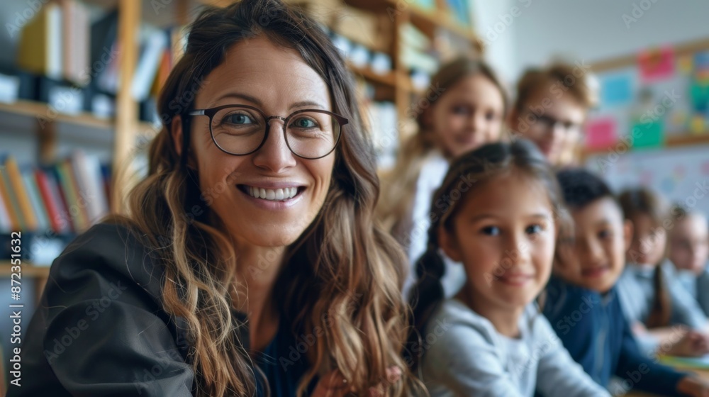 A smiling teacher with glasses, surrounded by happy students in a modern classroom, fostering a positive and engaging educational environment. A smiling teacher with glasses, surrounded by happy students in a modern classroom, fostering a positive and engaging educational environment.