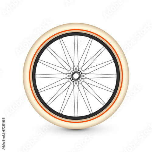 Realistic 3d retro bicycle wheel. Bike rubber tire, shiny metal spokes and rim. Fitness cycle, touring, sport, road and mountain bike. Vector illustration