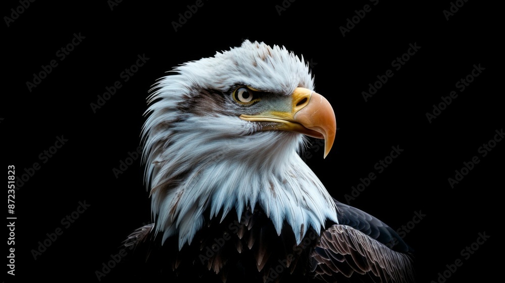 A striking profile view of a majestic bald eagle against a dark background, showcasing its sharp features and piercing gaze, symbolizing strength and freedom. A striking profile view of a majestic bald eagle against a dark background, showcasing its sharp features and piercing gaze, symbolizing strength and freedom.