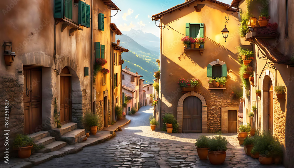 Obraz premium historische Straße wie in einem Bergdorf in Italien, Griechenland Spanien Frankreich mit alter Architektur Fensterläden schönes Gässchen einsam in warmen mediterranen stimmungsvollen Licht des Morgens