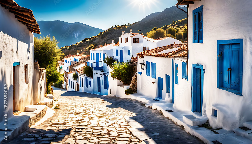 Straße Gasse weiß blaue Häuser in einem Bergdorf auf Griechenland griechischer Insel, alte Architektur Fensterläden schönes Gässchen einsam in warmen mediterranen stimmungsvollen Licht des Morgens Straße Gasse weiß blaue Häuser in einem Bergdorf auf Griechenland griechischer Insel, alte Architektur Fensterläden schönes Gässchen einsam in warmen mediterranen stimmungsvollen Licht des Morgens