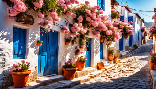 weiß blaue Häuser mit rosa Blüten in Bergdorf auf  Griechenland griechischer Insel, alte Architektur Fensterläden schönes Gässchen einsam in warmen mediterranen stimmungsvollen Licht des Morgens photo