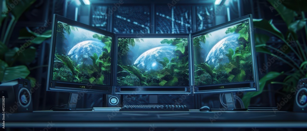 Obraz premium A hightech office setup includes monitors that display realtime