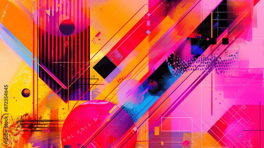 Obraz premium Geometric shapes and digital elements form a vibrant backdrop, perfect for posters, banners, or covers.