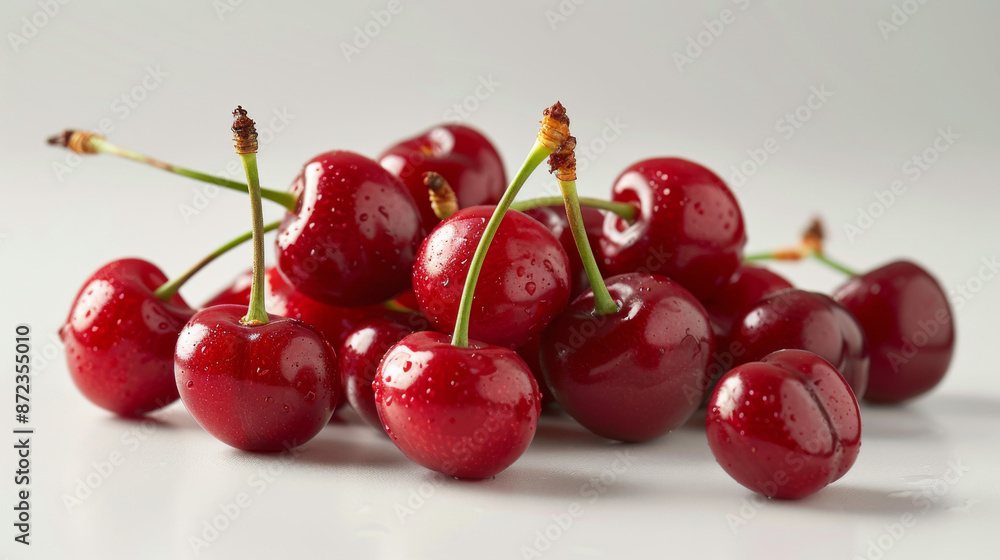 Juicy, plump cherries pile up on a white surface, offering a tempting treat with their fresh red color. Juicy, plump cherries pile up on a white surface, offering a tempting treat with their fresh red color.