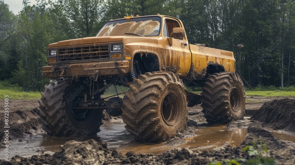 A large-tired yellow mud truck is stuck in the mud in a field, covered in mud, sinking tires, facing the camera with the drivers side visible. A large-tired yellow mud truck is stuck in the mud in a field, covered in mud, sinking tires, facing the camera with the drivers side visible.