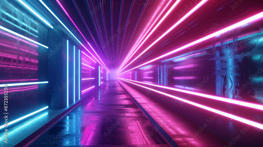 Neon lights form a glowing tunnel with blue and purple stripes ascending upwards. The vibrant trails create a futuristic and technological atmosphere. Neon lights form a glowing tunnel with blue and purple stripes ascending upwards. The vibrant trails create a futuristic and technological atmosphere.
