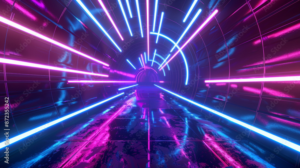 Neon lights form a glowing tunnel with blue and purple stripes ascending upwards. The vibrant trails create a futuristic and technological atmosphere. Neon lights form a glowing tunnel with blue and purple stripes ascending upwards. The vibrant trails create a futuristic and technological atmosphere.