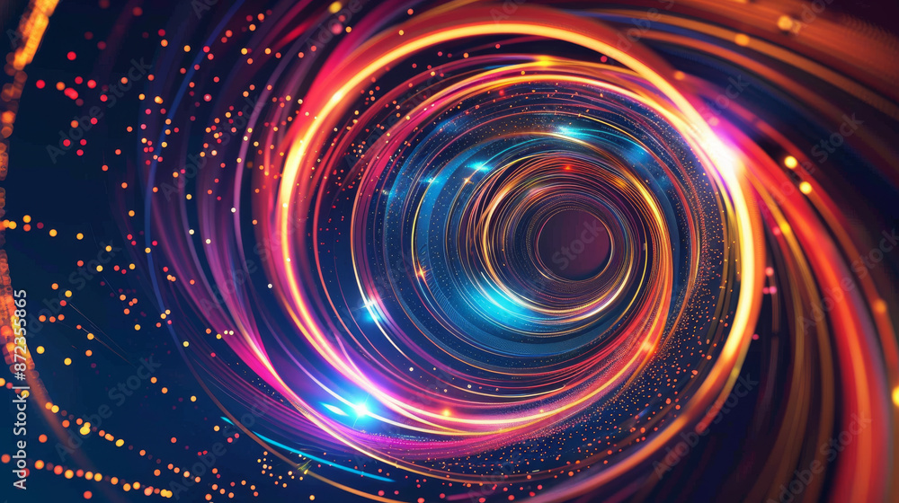 Vector graphic with lines and circles in a spiral shape. The image shows speed and motion with glowing lines and circles. It could represent a fast internet connection or data transfer. Vector graphic with lines and circles in a spiral shape. The image shows speed and motion with glowing lines and circles. It could represent a fast internet connection or data transfer.
