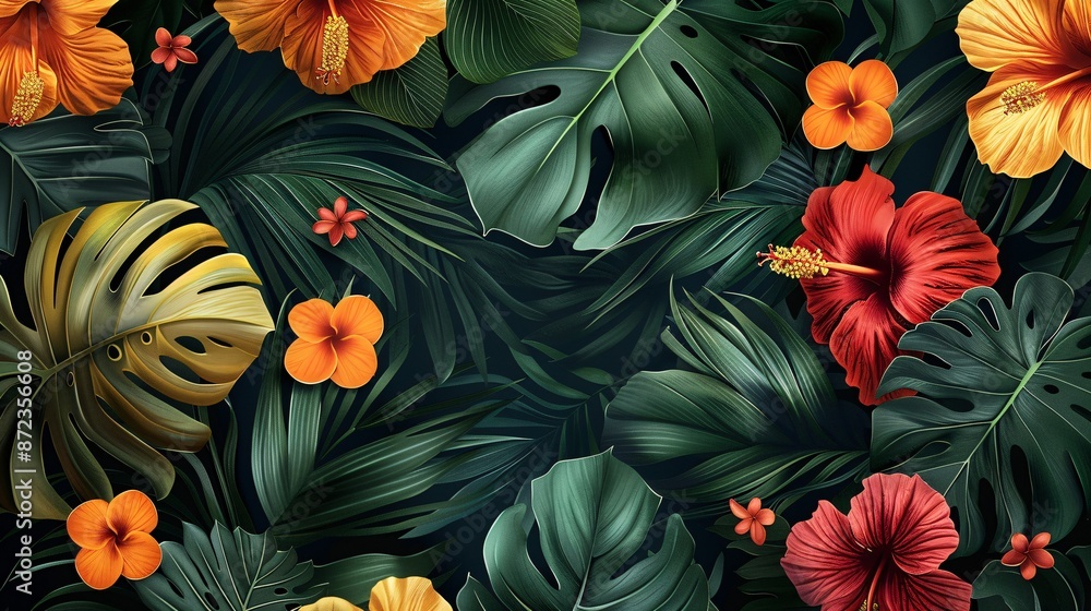 Lush Tropical Floral Pattern with Vibrant Flowers and Foliage for Versatile Background Design Lush Tropical Floral Pattern with Vibrant Flowers and Foliage for Versatile Background Design