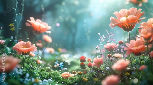 Enchanted Whimsical Garden with Oversized Flowers and Creatures Against Blurred Background, Magical Realm for Imagination photo