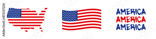 USA flag icon set and font. Stripes flags united states with stars. 4 July, Veteran and Memorial day vector banner. American national symbol isolated on transparent background. Vector illustration.