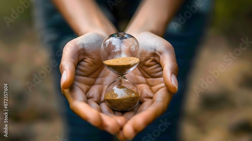 An hourglass with sand slowly trickling down rests in a pair of open hands, representing the preciousness of time, generative AI photo