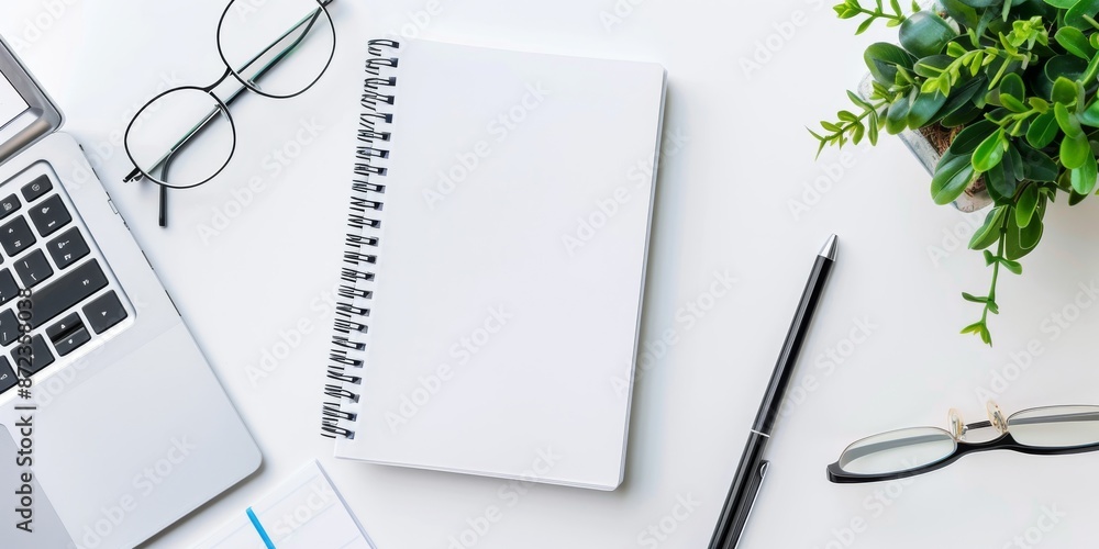 Top view of a blank white notebook on desk with, copy space. modern workplace with blank notebook, laptop, coffee cup and other items. Mock up Top view of a blank white notebook on desk with, copy space. modern workplace with blank notebook, laptop, coffee cup and other items. Mock up
