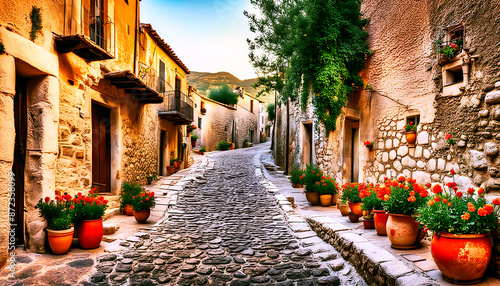 romantisches schönes Gässchen Straße alte Häuser Bergdorf in Italien, Griechenland Spanien Frankreich mit Pflanzen Blumen Fensterläden einsam in warmen mediterranen stimmungsvollen Licht des Morgens photo