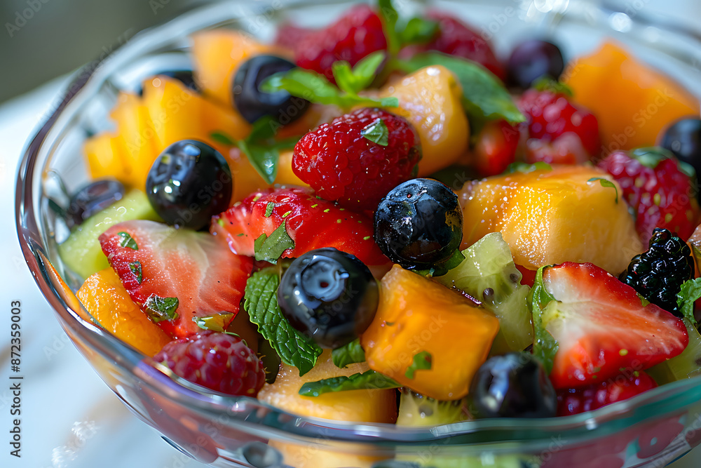 A close-up of a colorful fruit salad in a glass bowl, with vibrant summer fruits and a hint of mint A close-up of a colorful fruit salad in a glass bowl, with vibrant summer fruits and a hint of mint