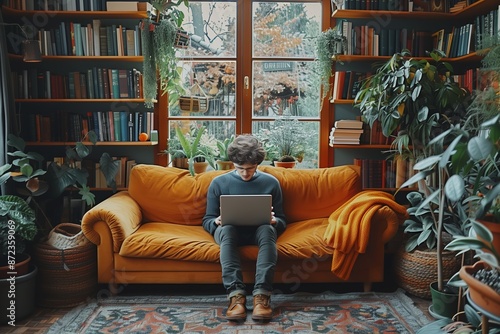 Young Man Working On Laptop In Cozy Living Room With Bookshelves And Plants photo