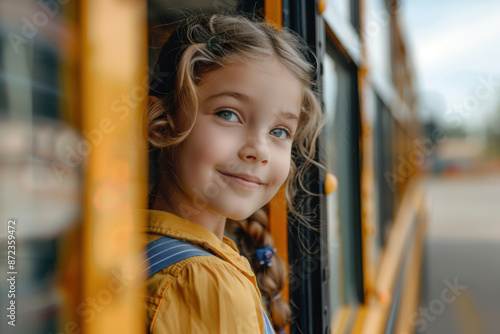 Cute elementary student girl ready to board yellow school bus © hdesert