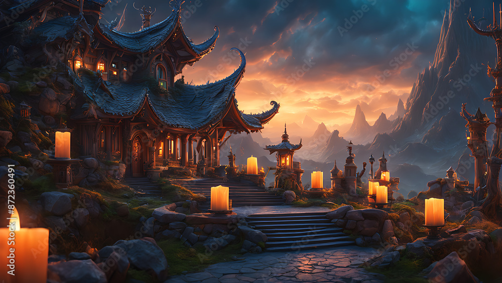 A mystical fantasy house with a wooden exterior and a thatched roof sits on a hillside overlooking a valley with mountains in the distance. A mystical fantasy house with a wooden exterior and a thatched roof sits on a hillside overlooking a valley with mountains in the distance.