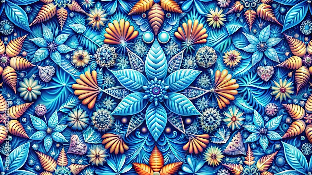 Cool ice crystal patterns, using vibrant blues and whites in an abstract design Cool ice crystal patterns, using vibrant blues and whites in an abstract design