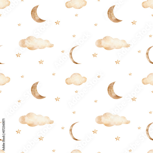 Seamless pattern moon in clouds and stars. Watercolor illustration in children's style for printing on textiles, fabrics, clothes, packaging, wallpaper, dishes 